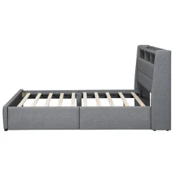 Lit avec rangement 140 x 200 cm - Lit Double avec 2 Tiroirs et Prise USB - Lin - Sans Matelas - Gris
