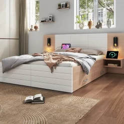 Lit avec rangement 180 x 200 cm - Lit Double avec Lampes et USB - Bois MDF - Sans Matelas - Blanc Chêne