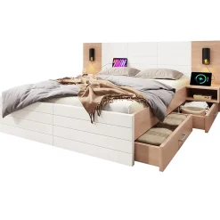 Lit avec rangement 180 x 200 cm - Lit Double avec Lampes et USB - Bois MDF - Sans Matelas - Blanc Chêne