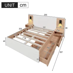 Lit avec rangement 180 x 200 cm - Lit Double avec Lampes et USB - Bois MDF - Sans Matelas - Blanc Chêne