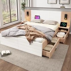 Lit avec rangement 180 x 200 cm - Lit Double avec Lampes et USB - Bois MDF - Sans Matelas - Blanc Chêne