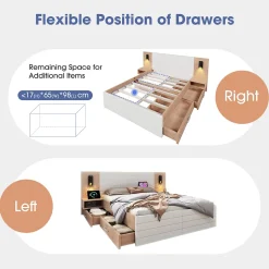 Lit avec rangement 180 x 200 cm - Lit Double avec Lampes et USB - Bois MDF - Sans Matelas - Blanc Chêne