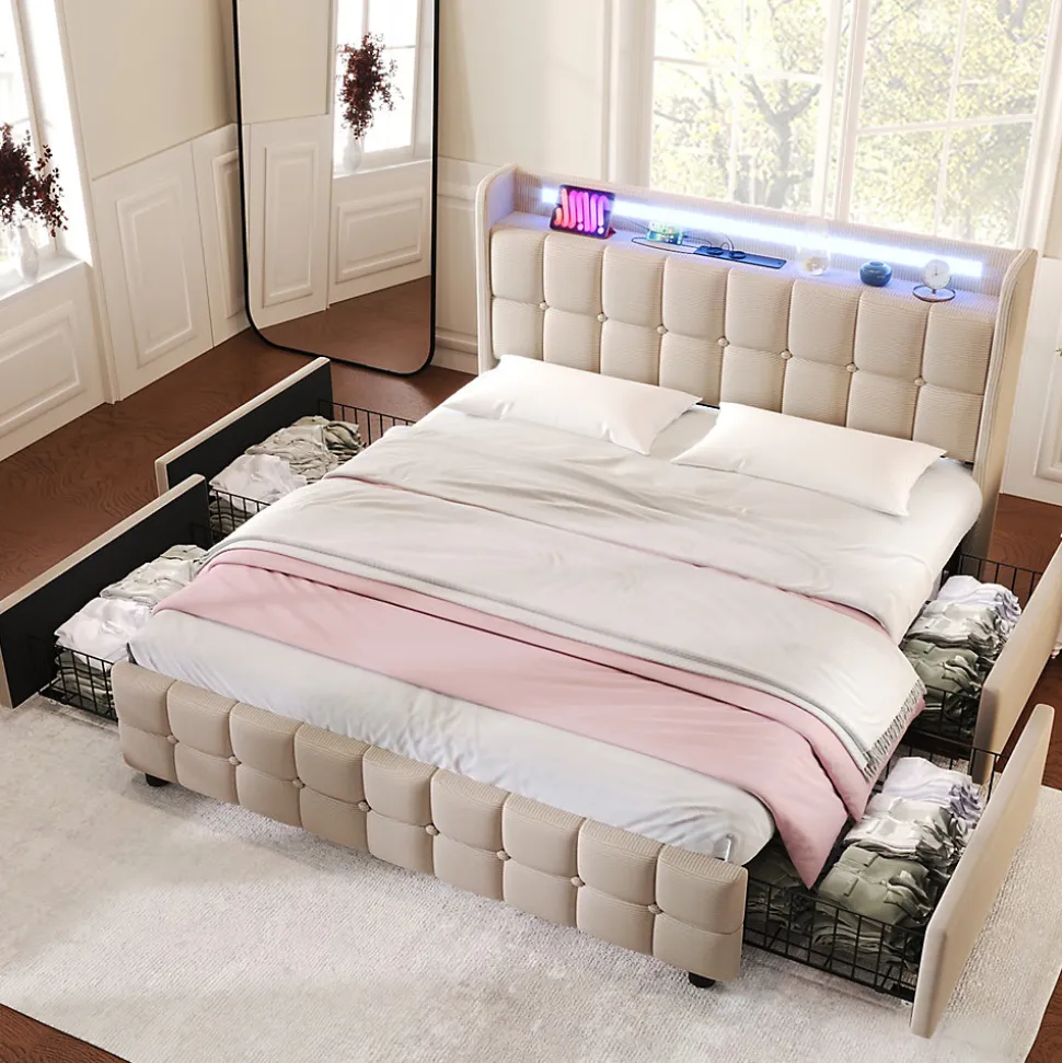 Lit avec rangement 180 x 200 cm - Lit Double avec Ports USB et LED - Lin Bois Métal - Sans Matelas - Beige