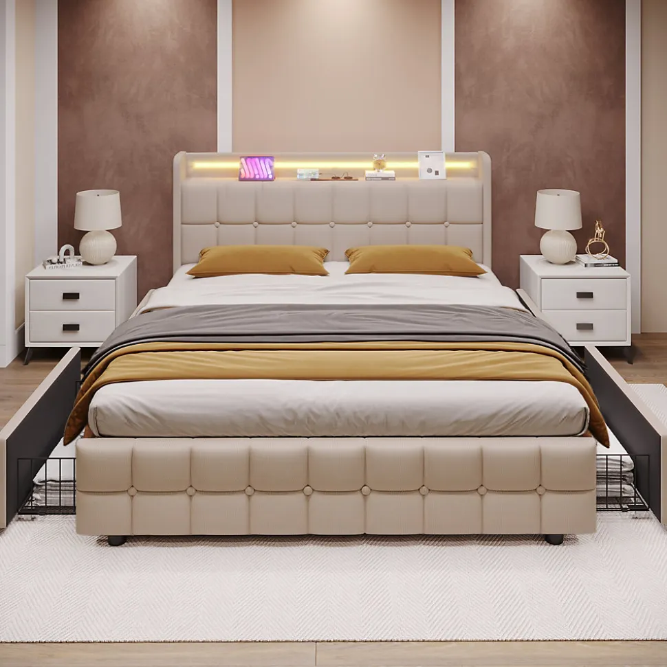 Lit avec rangement 180 x 200 cm - Lit Double avec Ports USB et LED - Lin Bois Métal - Sans Matelas - Beige