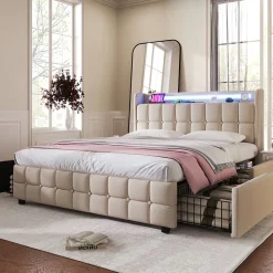 Lit avec rangement 180 x 200 cm - Lit Double avec Ports USB et LED - Lin Bois Métal - Sans Matelas - Beige