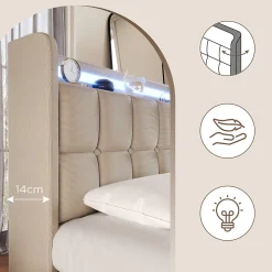 Lit avec rangement 180 x 200 cm - Lit Double avec Ports USB et LED - Lin Bois Métal - Sans Matelas - Beige