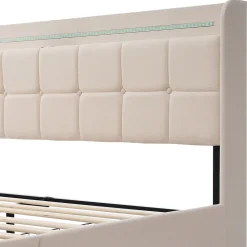 Lit avec rangement 180 x 200 cm - Lit Double avec Ports USB et LED - Lin Bois Métal - Sans Matelas - Beige