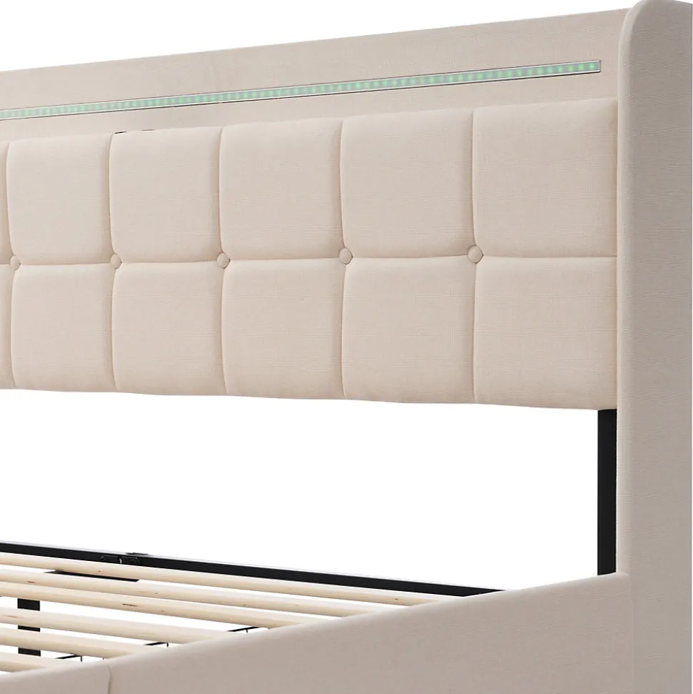 Lit avec rangement 180 x 200 cm - Lit Double avec Ports USB et LED - Lin Bois Métal - Sans Matelas - Beige