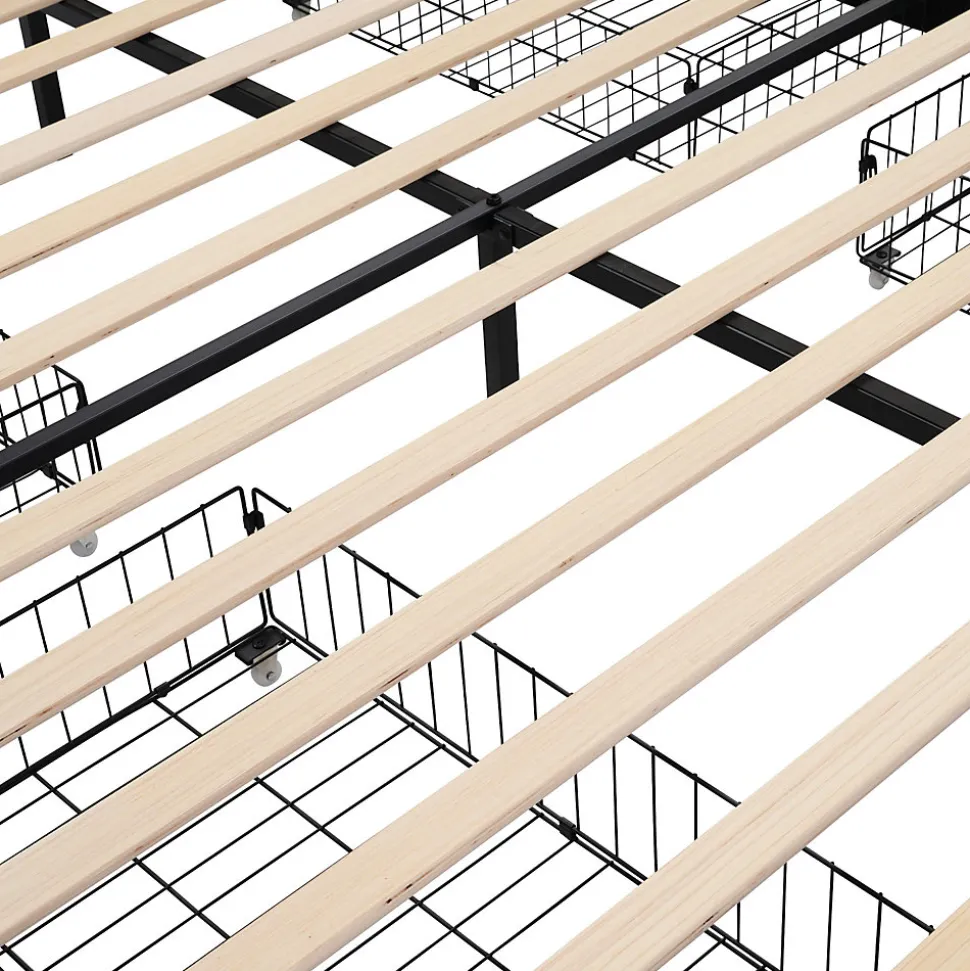 Lit avec rangement 180 x 200 cm - Lit Double avec Ports USB et LED - Lin Bois Métal - Sans Matelas - Beige