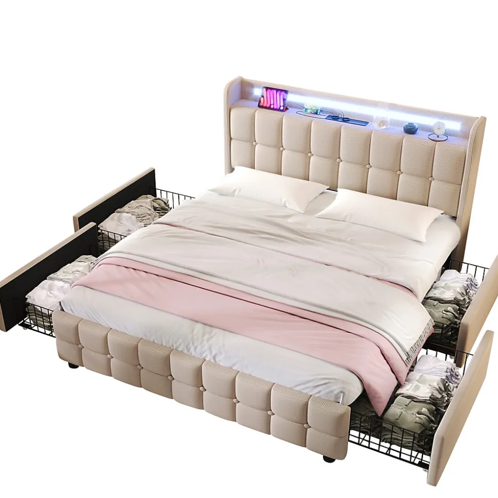 Lit avec rangement 180 x 200 cm - Lit Double avec Ports USB et LED - Lin Bois Métal - Sans Matelas - Beige