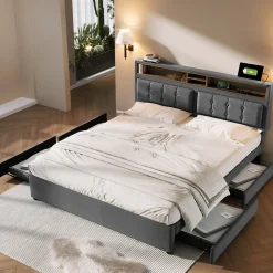 Lit avec rangement 160 x 200 cm - Lit avec 4 tiroirs et tête de lit avec prise USB-C - Lin + Bois massif - Sans Matelas - Gris