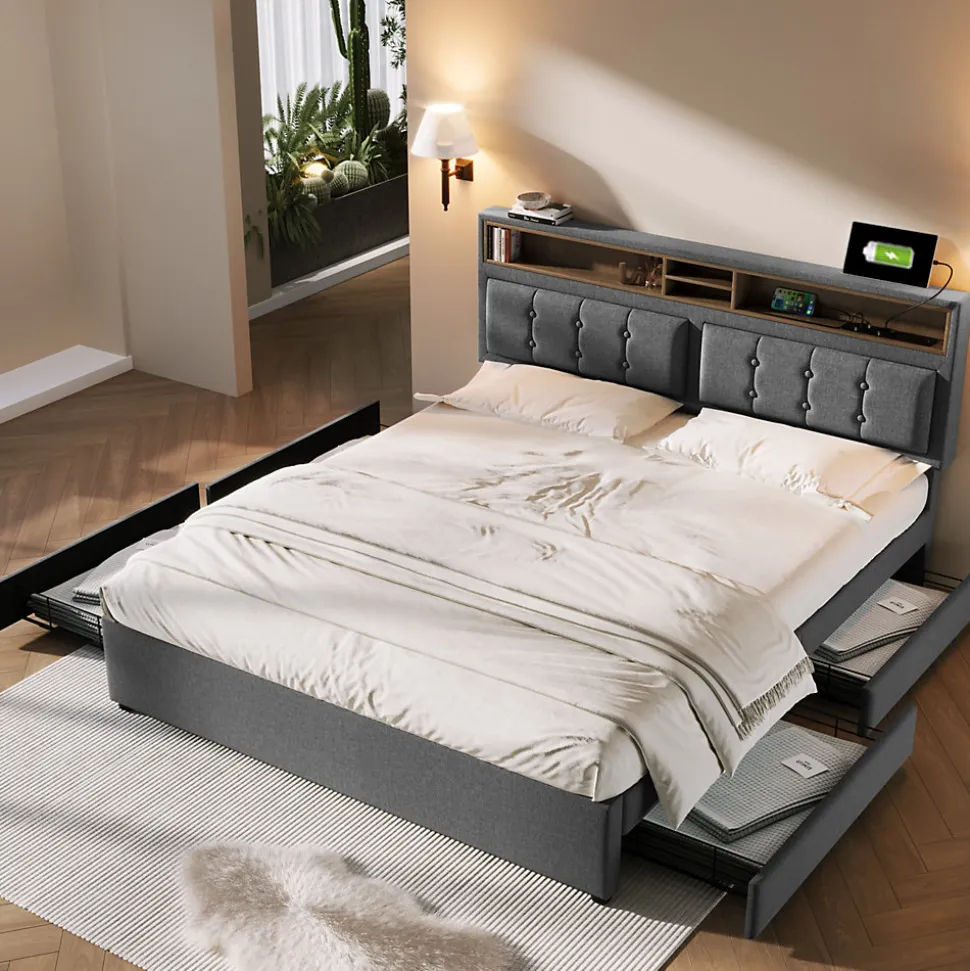 Lit avec rangement 160 x 200 cm - Lit avec 4 tiroirs et tête de lit avec prise USB-C - Lin + Bois massif - Sans Matelas - Gris