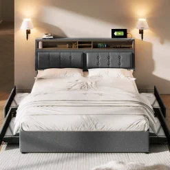 Lit avec rangement 160 x 200 cm - Lit avec 4 tiroirs et tête de lit avec prise USB-C - Lin + Bois massif - Sans Matelas - Gris