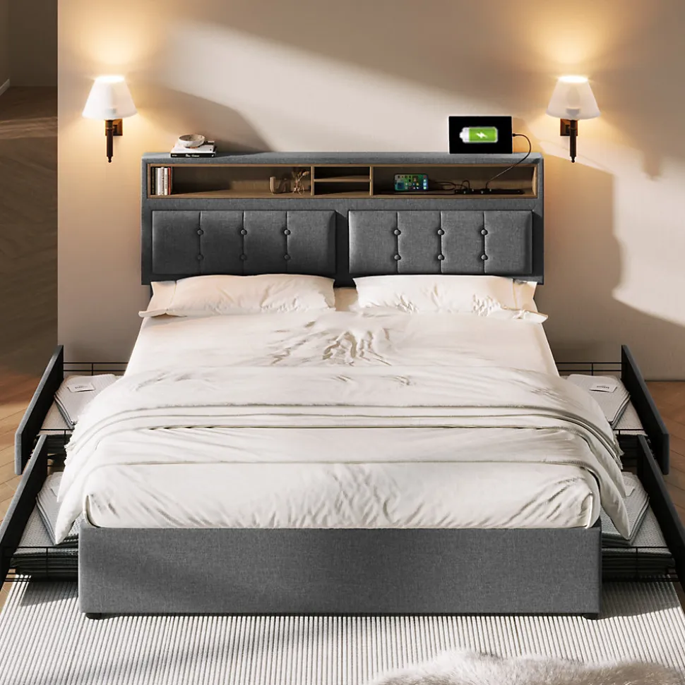 Lit avec rangement 160 x 200 cm - Lit avec 4 tiroirs et tête de lit avec prise USB-C - Lin + Bois massif - Sans Matelas - Gris