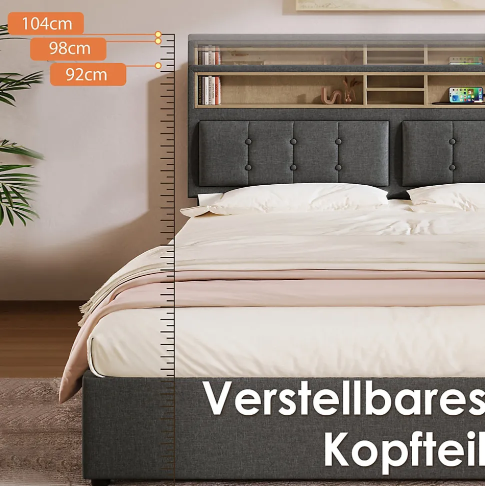 Lit avec rangement 160 x 200 cm - Lit avec 4 tiroirs et tête de lit avec prise USB-C - Lin + Bois massif - Sans Matelas - Gris