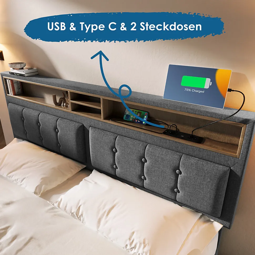 Lit avec rangement 160 x 200 cm - Lit avec 4 tiroirs et tête de lit avec prise USB-C - Lin + Bois massif - Sans Matelas - Gris