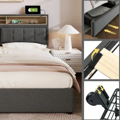 Lit avec rangement 160 x 200 cm - Lit avec 4 tiroirs et tête de lit avec prise USB-C - Lin + Bois massif - Sans Matelas - Gris