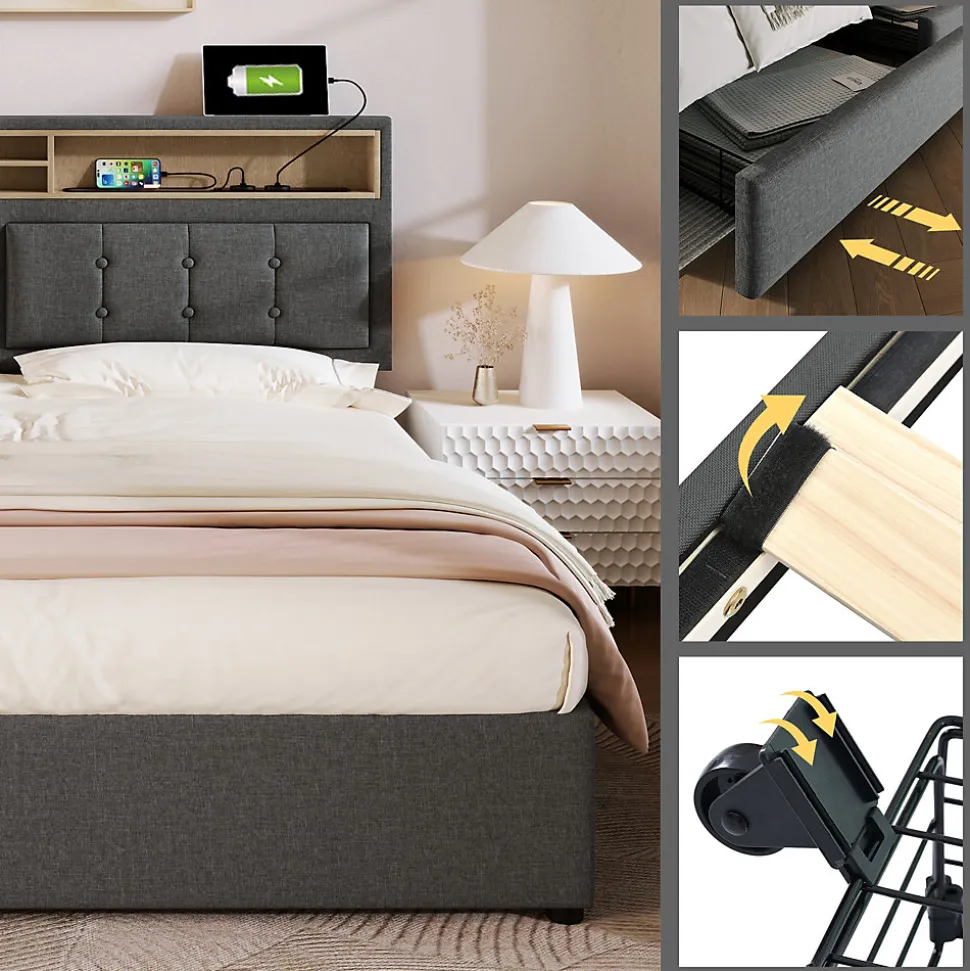 Lit avec rangement 160 x 200 cm - Lit avec 4 tiroirs et tête de lit avec prise USB-C - Lin + Bois massif - Sans Matelas - Gris