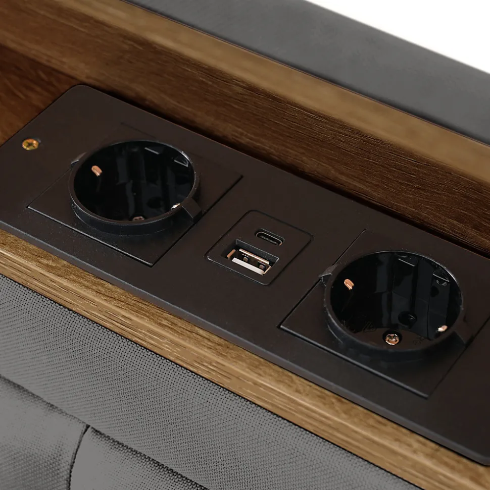 Lit avec rangement 160 x 200 cm - Lit avec 4 tiroirs et tête de lit avec prise USB-C - Lin + Bois massif - Sans Matelas - Gris