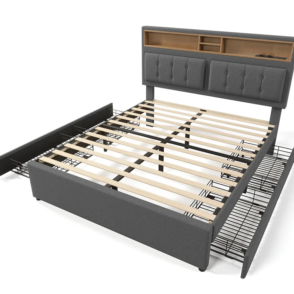 Lit avec rangement 160 x 200 cm - Lit avec 4 tiroirs et tête de lit avec prise USB-C - Lin + Bois massif - Sans Matelas - Gris