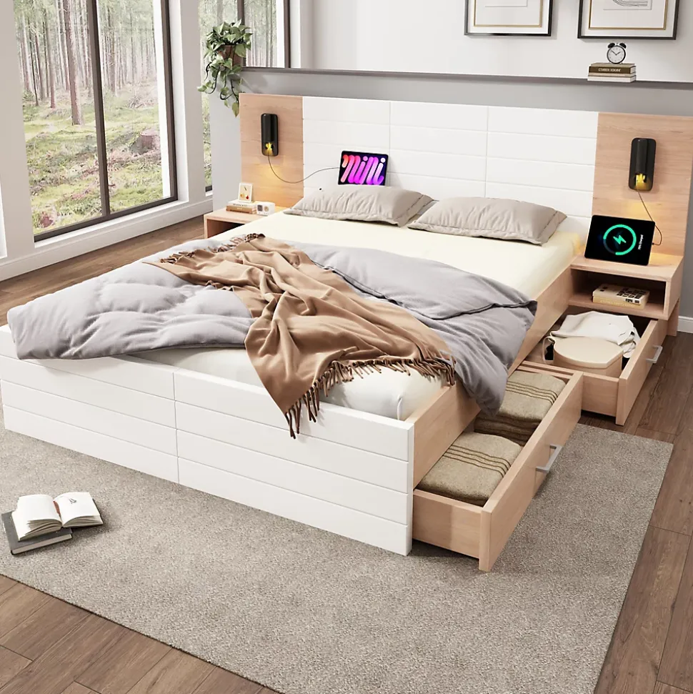Lit avec rangement 160 x 200 cm - Lit Double avec Lampes et USB - Bois MDF - Sans Matelas - Blanc Chêne