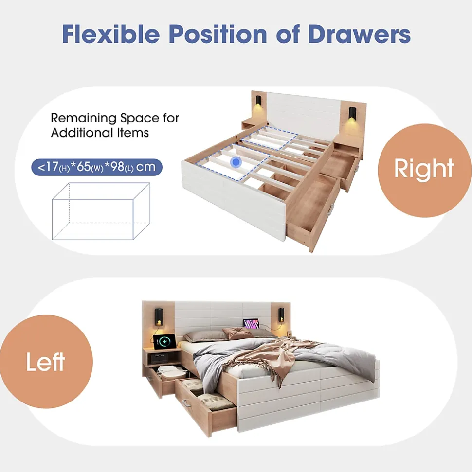 Lit avec rangement 160 x 200 cm - Lit Double avec Lampes et USB - Bois MDF - Sans Matelas - Blanc Chêne