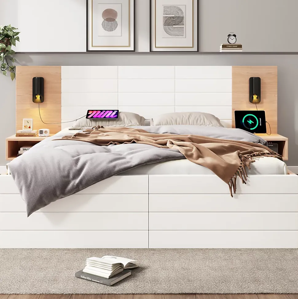 Lit avec rangement 160 x 200 cm - Lit Double avec Lampes et USB - Bois MDF - Sans Matelas - Blanc Chêne