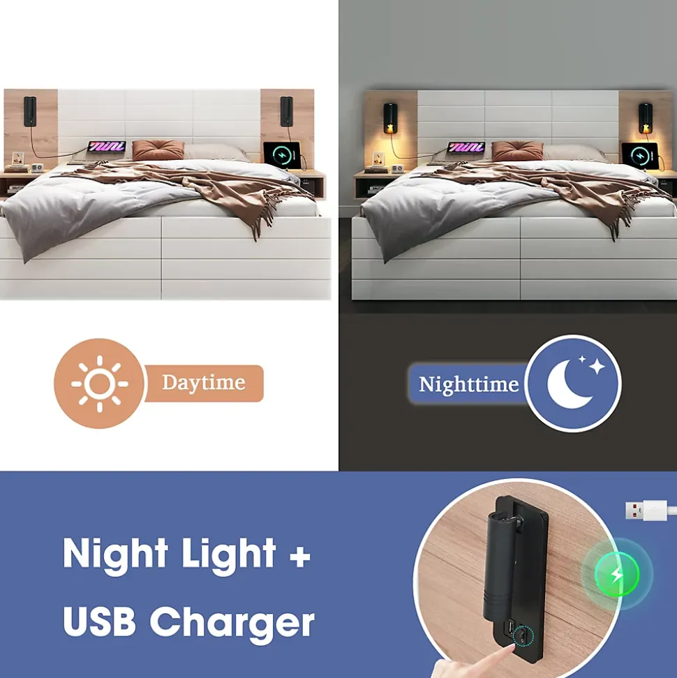 Lit avec rangement 160 x 200 cm - Lit Double avec Lampes et USB - Bois MDF - Sans Matelas - Blanc Chêne