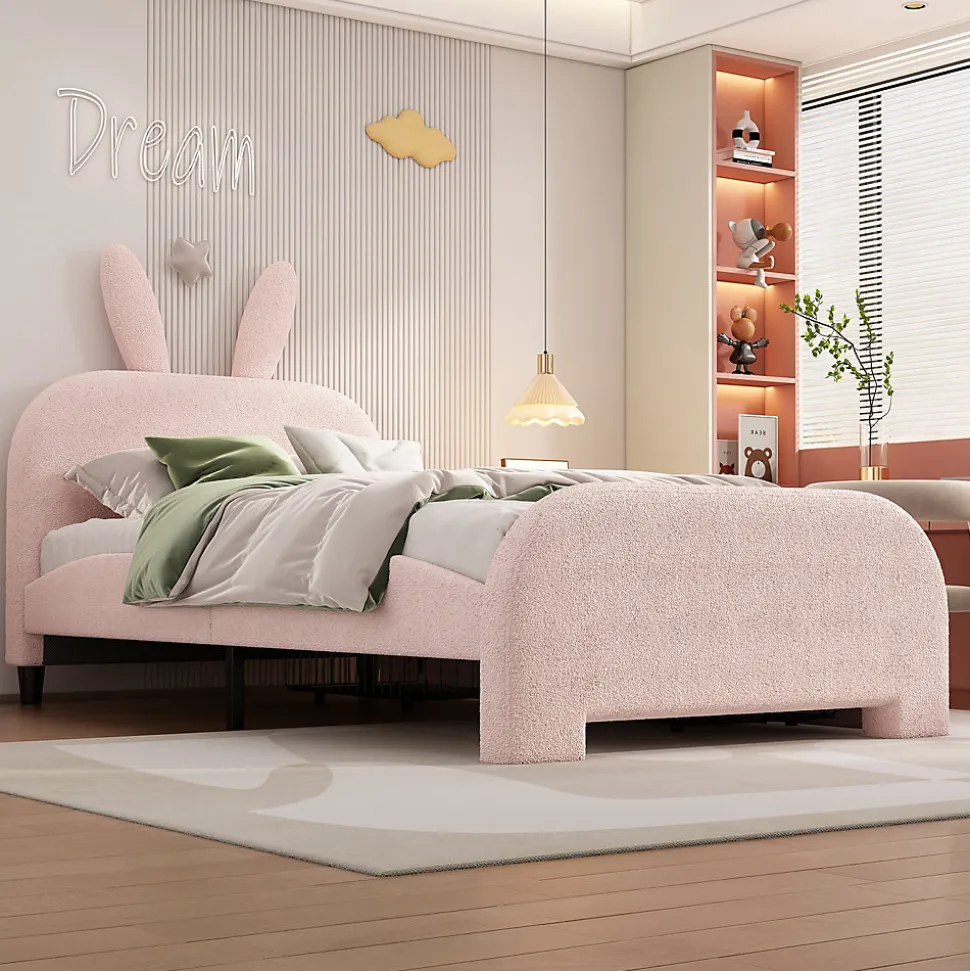Lit avec rangement 90 x 200 cm - Lit Simple avec 2 Tiroirs - Peluche + MDF - Sans Matelas - Rose