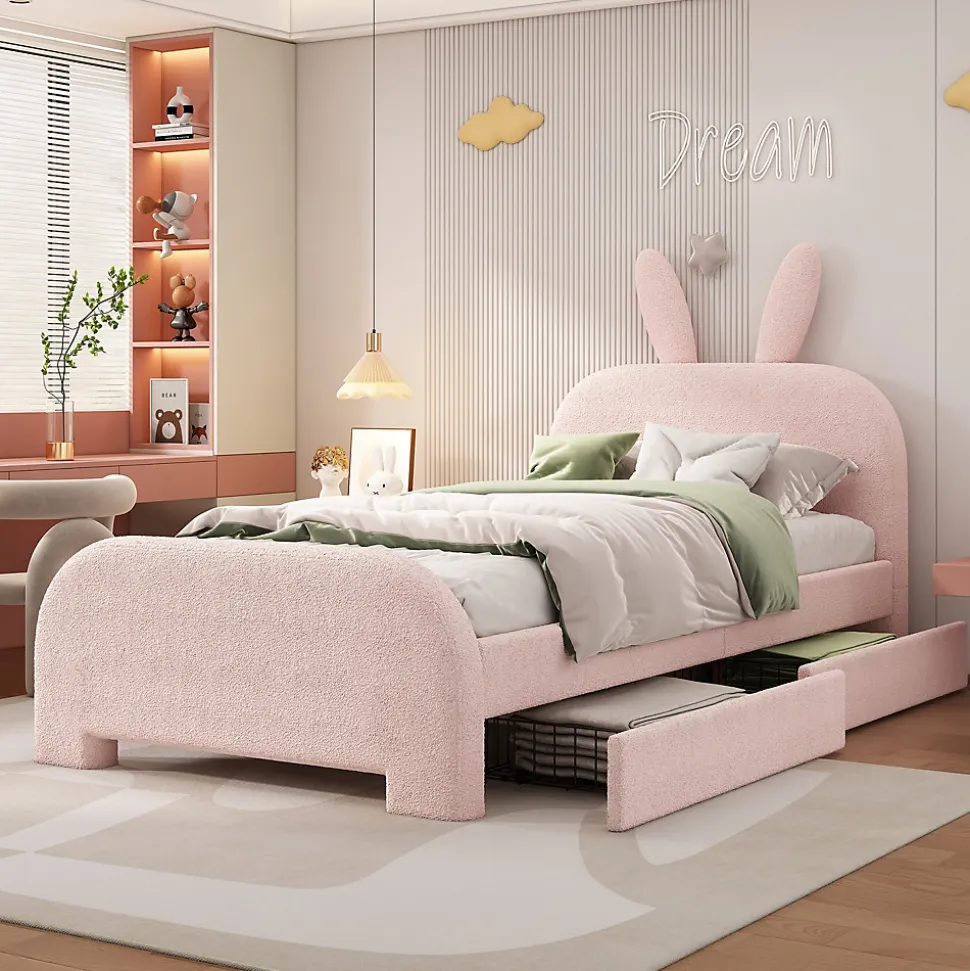 Lit avec rangement 90 x 200 cm - Lit Simple avec 2 Tiroirs - Peluche + MDF - Sans Matelas - Rose
