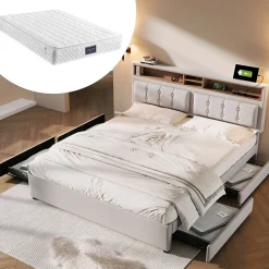 Lit avec rangement 160 x 200 cm - Lit double avec 4 tiroirs et tête de lit réglable - Avec Matelas - Beige