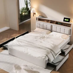 Lit avec rangement 160 x 200 cm - Lit double avec 4 tiroirs et tête de lit réglable - Avec Matelas - Beige