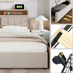 Lit avec rangement 160 x 200 cm - Lit double avec 4 tiroirs et tête de lit réglable - Avec Matelas - Beige