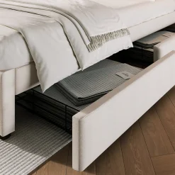 Lit avec rangement 160 x 200 cm - Lit double avec 4 tiroirs et tête de lit réglable - Avec Matelas - Beige