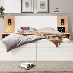 Lit avec rangement 140 x 200 cm - Lit Double avec Lampes et USB - Bois MDF - Sans Matelas - Blanc Chêne