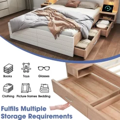 Lit avec rangement 140 x 200 cm - Lit Double avec Lampes et USB - Bois MDF - Sans Matelas - Blanc Chêne