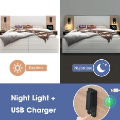 Lit avec rangement 140 x 200 cm - Lit Double avec Lampes et USB - Bois MDF - Sans Matelas - Blanc Chêne