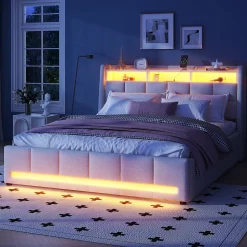 Lit avec rangement 140 x 200 cm - Lit Double avec 2 Tiroirs et Prise USB - Lin - Sans Matelas - Beige