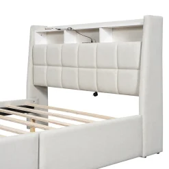 Lit avec rangement 140 x 200 cm - Lit Double avec 2 Tiroirs et Prise USB - Lin - Sans Matelas - Beige
