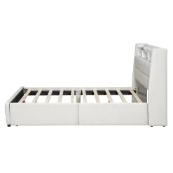 Lit avec rangement 140 x 200 cm - Lit Double avec 2 Tiroirs et Prise USB - Lin - Sans Matelas - Beige