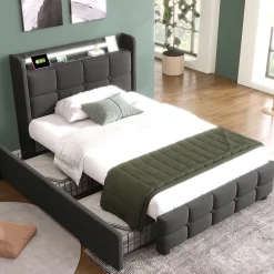 Lit avec rangement 90 x 200 cm - Lit Simple avec Tiroirs et LED - Lin Bois Métal - Sans Matelas - Gris