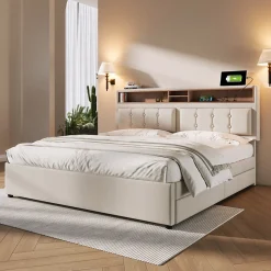Lit avec rangement 140 x 200 cm - Lit avec 4 tiroirs, tête de lit avec prise USB-C - Lin + Bois massif - Sans Matelas - Beige