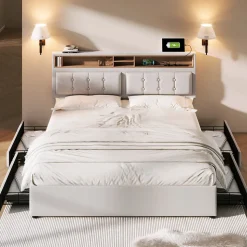 Lit avec rangement 140 x 200 cm - Lit avec 4 tiroirs, tête de lit avec prise USB-C - Lin + Bois massif - Sans Matelas - Beige