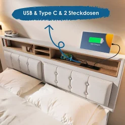 Lit avec rangement 140 x 200 cm - Lit avec 4 tiroirs, tête de lit avec prise USB-C - Lin + Bois massif - Sans Matelas - Beige