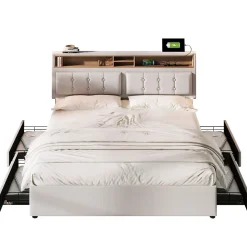 Lit avec rangement 140 x 200 cm - Lit avec 4 tiroirs, tête de lit avec prise USB-C - Lin + Bois massif - Sans Matelas - Beige