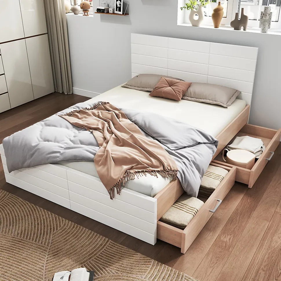Lit avec rangement 160 x 200 cm - Lit Double avec 2 Tiroirs - Bois MDF - Sans Matelas - Blanc Chêne