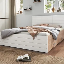 Lit avec rangement 160 x 200 cm - Lit Double avec 2 Tiroirs - Bois MDF - Sans Matelas - Blanc Chêne