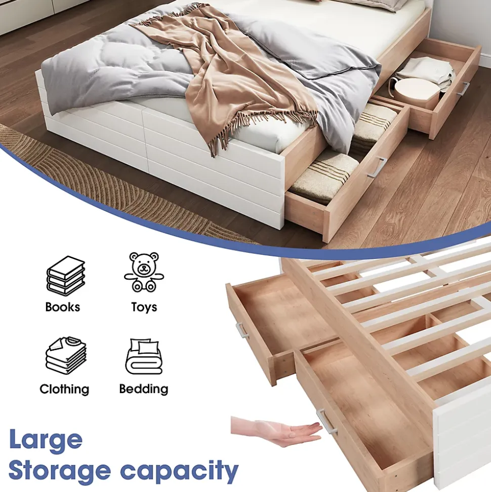 Lit avec rangement 160 x 200 cm - Lit Double avec 2 Tiroirs - Bois MDF - Sans Matelas - Blanc Chêne