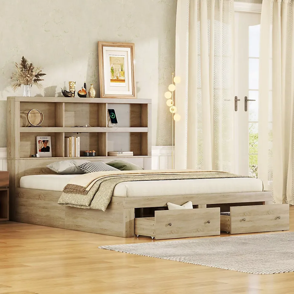 Lit avec rangement 160 x 200 cm Lit double avec 2 tiroirs et tête de lit fonctionnelle - Sans matelas - Naturel