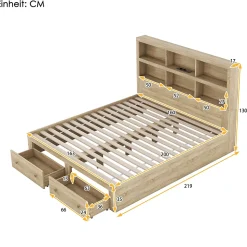 Lit avec rangement 160 x 200 cm Lit double avec 2 tiroirs et tête de lit fonctionnelle - Sans matelas - Naturel